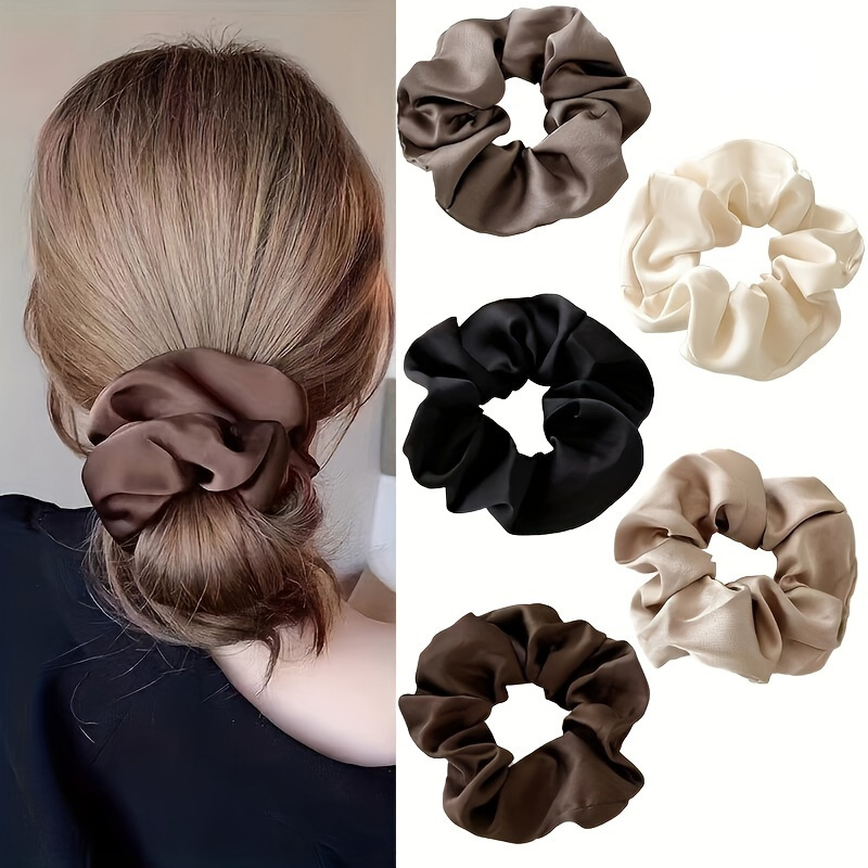 

5pcs Elegant Satin Scrunchies - Vintage Style Hair Ties For & Party Hairstyles, Assorted Colors (brown, , Black, White) - Polyester Material, Fashionable Hair Bands For Women, Hair Accessories