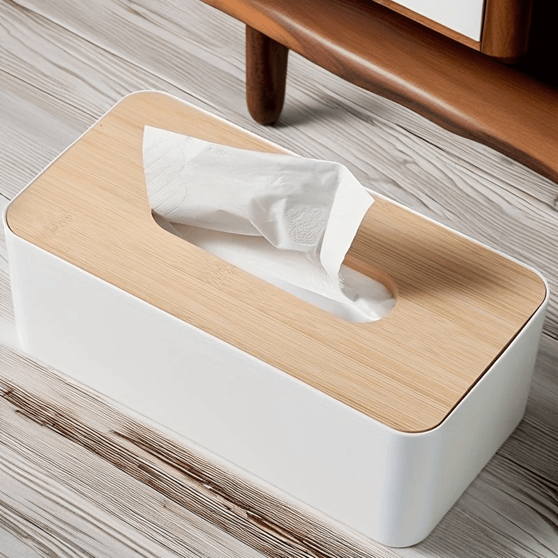 

1pc Plastic Tissue Box With Bamboo Lid - Paper Towel Holder For Desk, Office, Bathroom Vanity, And Bedroom Countertop