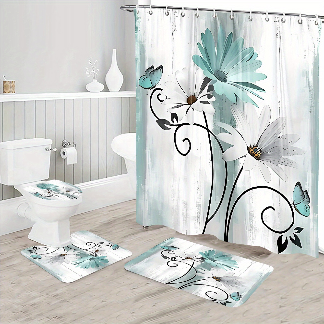 

Jit1/4pcs Flora And Shower Curtain Set Rug, Flora And Bathroom Decoration, Bathroom Accessories Including Bathroom Rug, U-shaped Mat, Mat, 180x180cm Shower Curtain 12