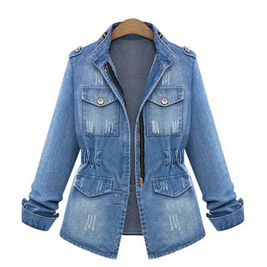 

Plus Size Women's Denim Jacket - Casual Ripped Zip-up With Pockets, Long Sleeve, Lapel Collar, Distressed Washed Blue Jean Coat For Fall/winter