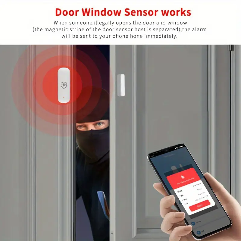 1pc/2pcs sécurité intelligente : capteur de porte/fenêtre magnétique wifi & fil avec alarme - vocal, télécommande par app, -compatible avec & Détails du produit 3