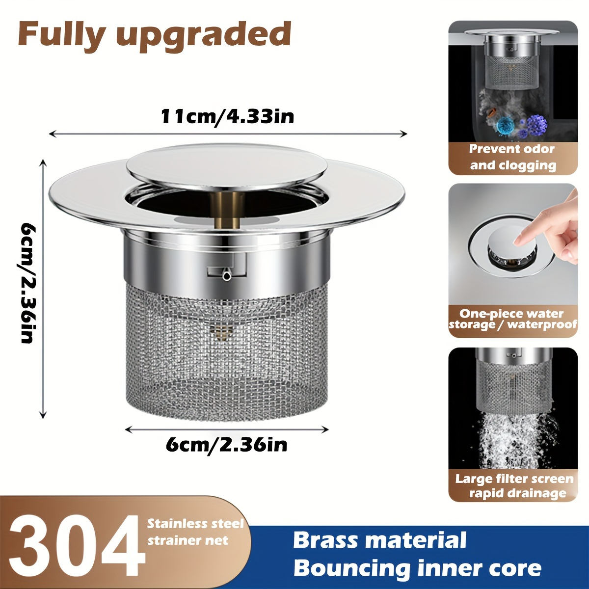 TEMU 1pc Stainless Steel Kitchen Sink Strainer With Brass Spring - Mesh Basket, Odor-resistant Drain Filter For Dishwashing Basin
