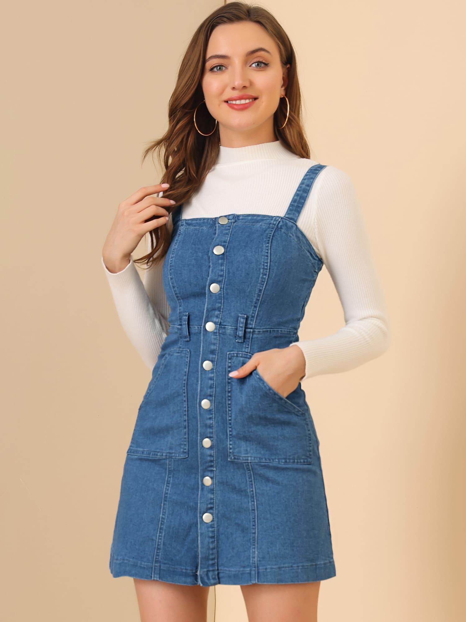 women's vintage denim overall dress - adjustable strap, pinafore style,  long length, solid color, non-stretch fabric, wear, casual denim dress |  vintage style dress | | High-quality & Affordable | Temu