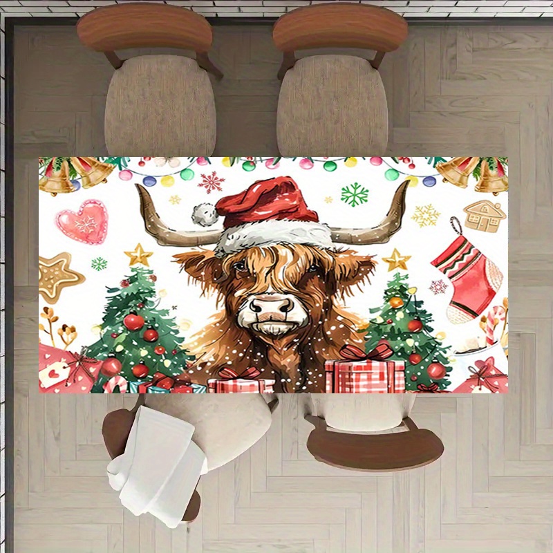 

Christmas Cow Printed Polyester Tablecloth - Table For - , , Reusable - Christmas Tree And - Use