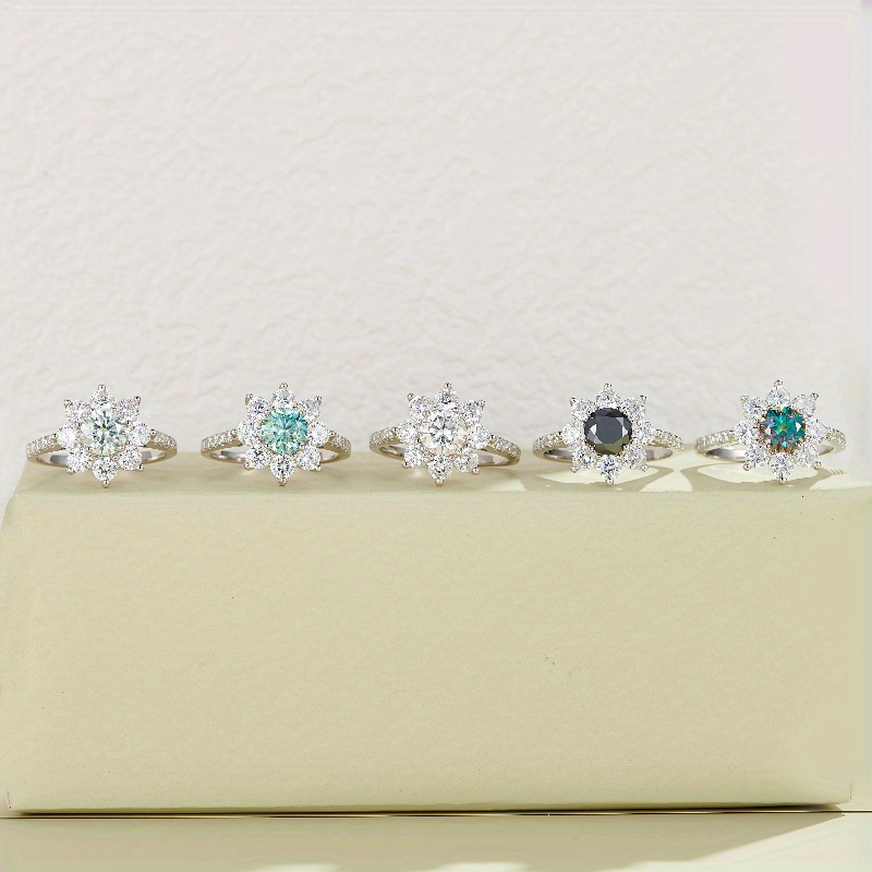 1.0 Carat 925 Silver Sunflower Black Moissanite Engagement Ring