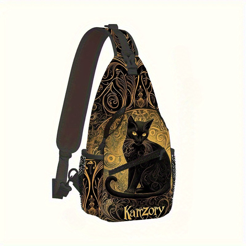 

Black Cat Print Crossbody Backpack, Lightweight Multi-functional Sling Bag For Outdoor Sports And Travel, Polyester With Zip Closure