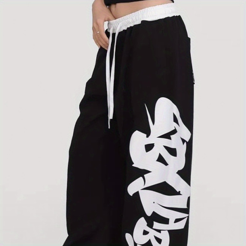 

Y2k-inspired Letter Print Black Joggers For Women - Casual Waist, Straight Leg Sweatpants With Drawstring Detail, Machine Washable, Jogger Pants