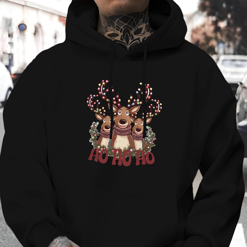 

Christmas Deer Print Hoodie, Cool Hoodies For Men, Casual Pullover Hooded Sweatshirt With Kangaroo Pocket For Winter And Fall