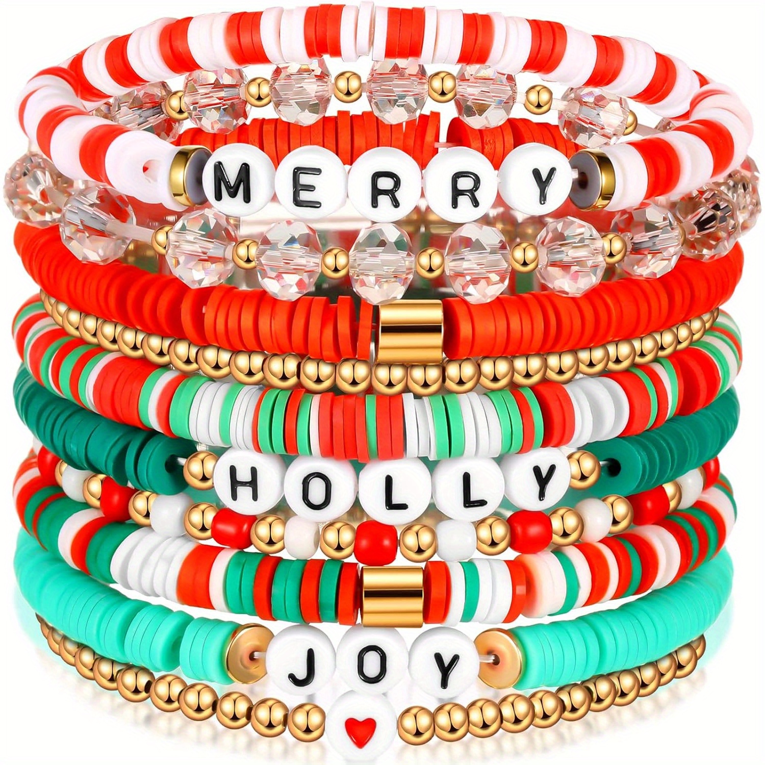 

10pcs Christmas Heishi Bracelet Set - Bracelets, Non-plated, For Women - Jewelry Accessories, All , Christmas-