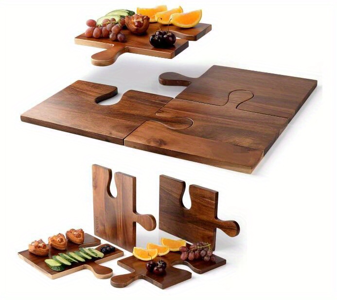 4pcs acacia wood charcuterie boards with puzzle handles large   wood serving platters for cheese deli and kitchen use details 0