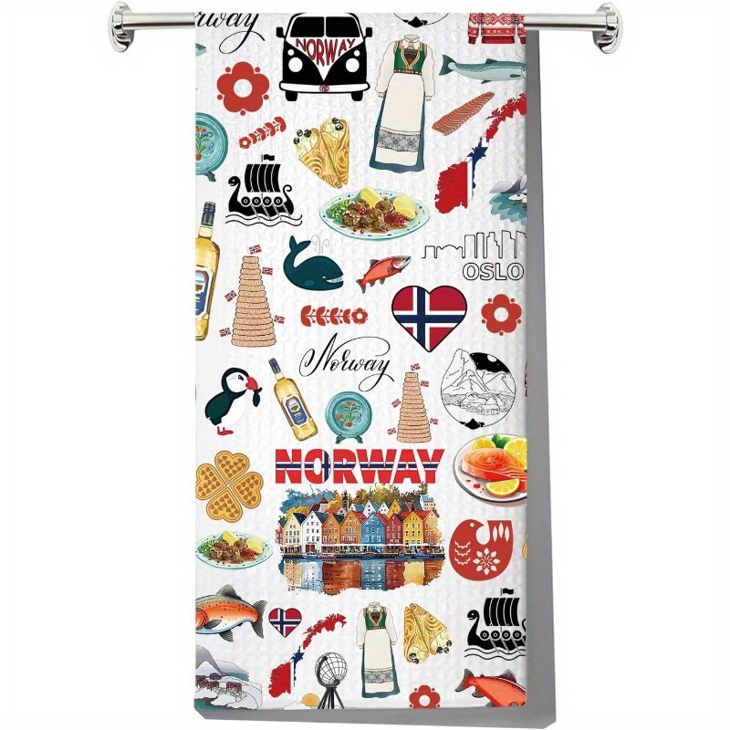 

1pc 18x26 Inch Kitchen Towel - Polyester, With Iconic & Food Illustrations, Perfect Housewarming Gift For Norway Lovers