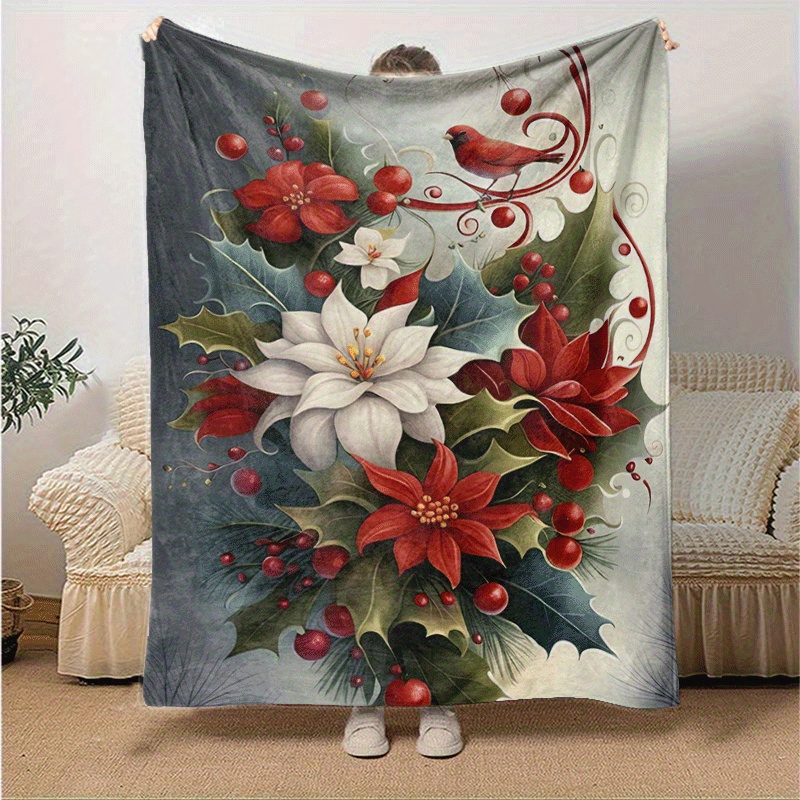 

1pc Poinsettia And Plush Blanket - Warm Flannel Throw For Outdoor Camping, Beach, Office, Pet, Sofa, And Living Room - All Polyester Blanket, Machine Washable, Holiday Gift Blanket Christmas Decor