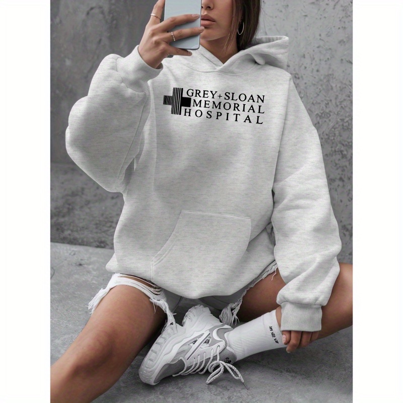 

Grey Memorial Hospital Printed Casual Hooded Sweatshirt, Polyester Long Sleeve Pullover With Pockets, Women's Oversized Fall/winter Clothing