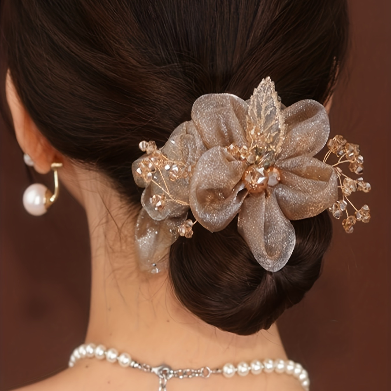 

1pc Elegant Glitter Organza Flower Hair Ring With Beads - Vintage Ponytail Holder For Women And