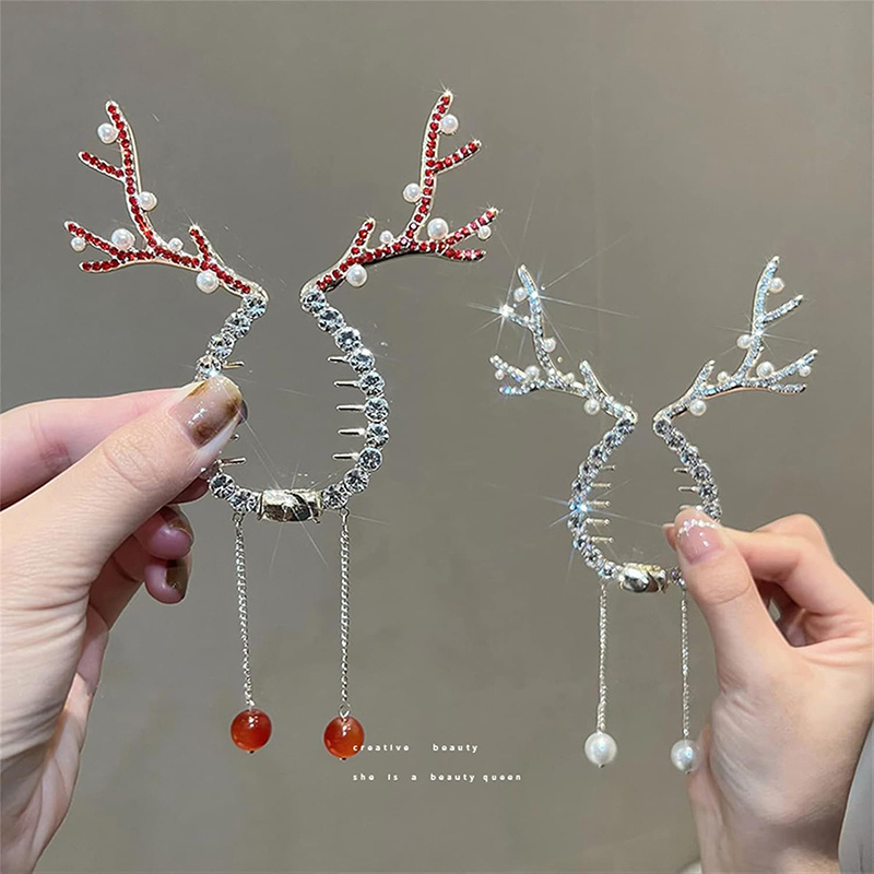 2pcs Christmas Reindeer Ponytail Bun Holder, Metal Banana Clips Hold Decorative Hair Claw Clips For High Ponytail, Xmas Hair Jaw Clips Barrettes Styling Accessories For Women
