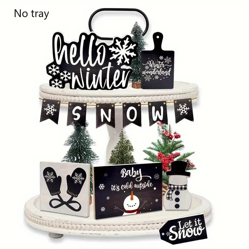 

Hello Winter Snowman & Gloves Wooden Tiered Tray Decor Set - , Autumn & Winter Home, Party, And Holiday Decorations, For Christmas