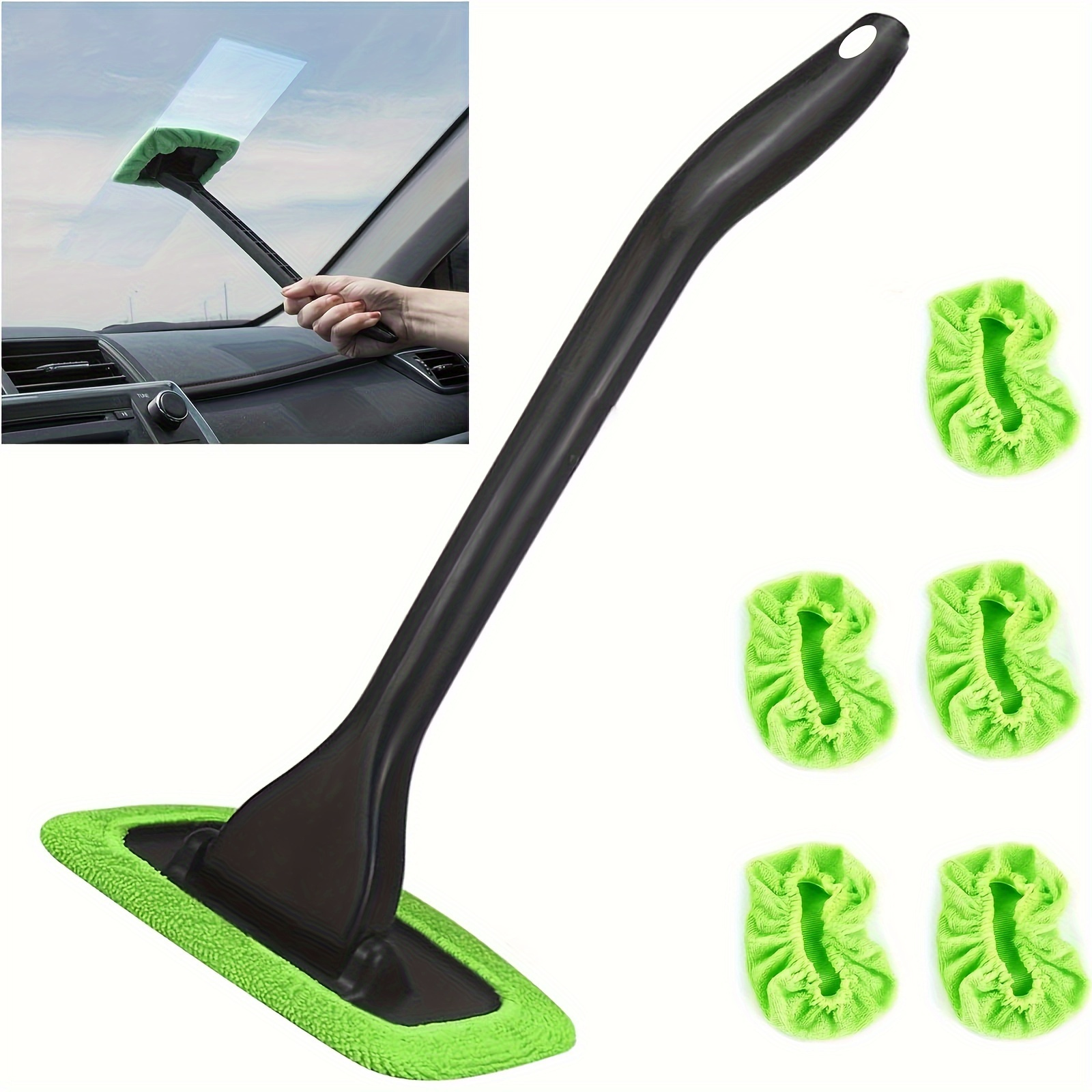 

6-piece Green Reusable Car Window Cleaning Kit, Long Handle Windshield Wiper With 5 Microfiber Pads, No Power Needed Vehicle Window Cleaner Brush Set