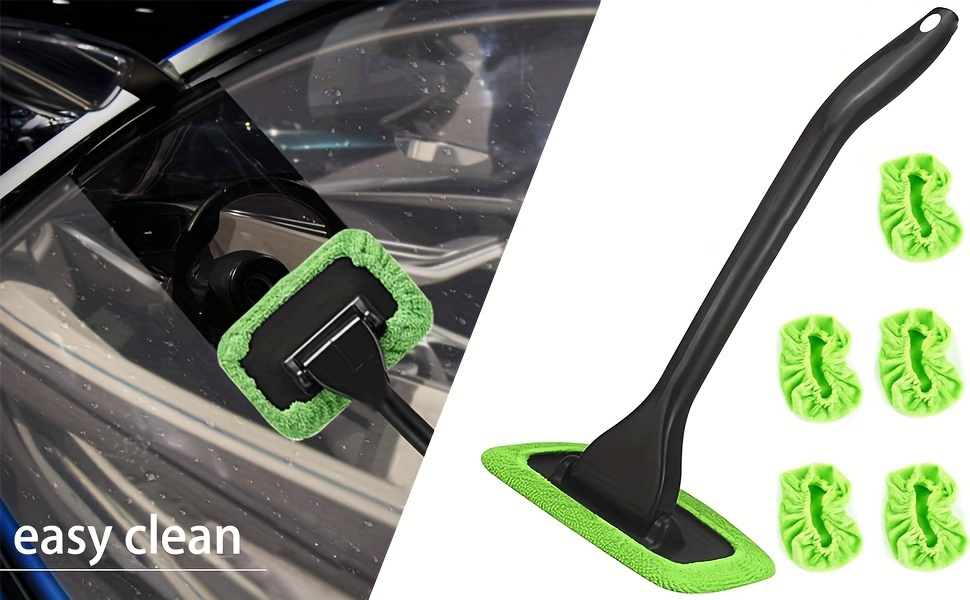 6 piece green reusable car window cleaning kit long handle windshield wiper with 5 microfiber pads no power needed vehicle window cleaner brush set details 0