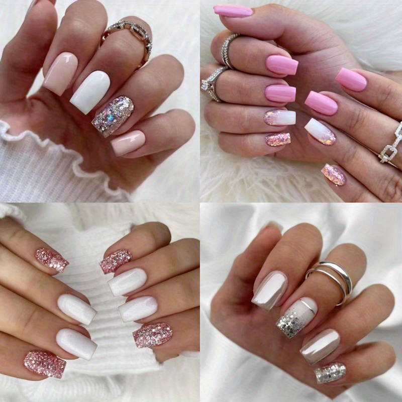 

96pcs (4 ) Fake False Nailsglitter Sequins On Press On Forwomen