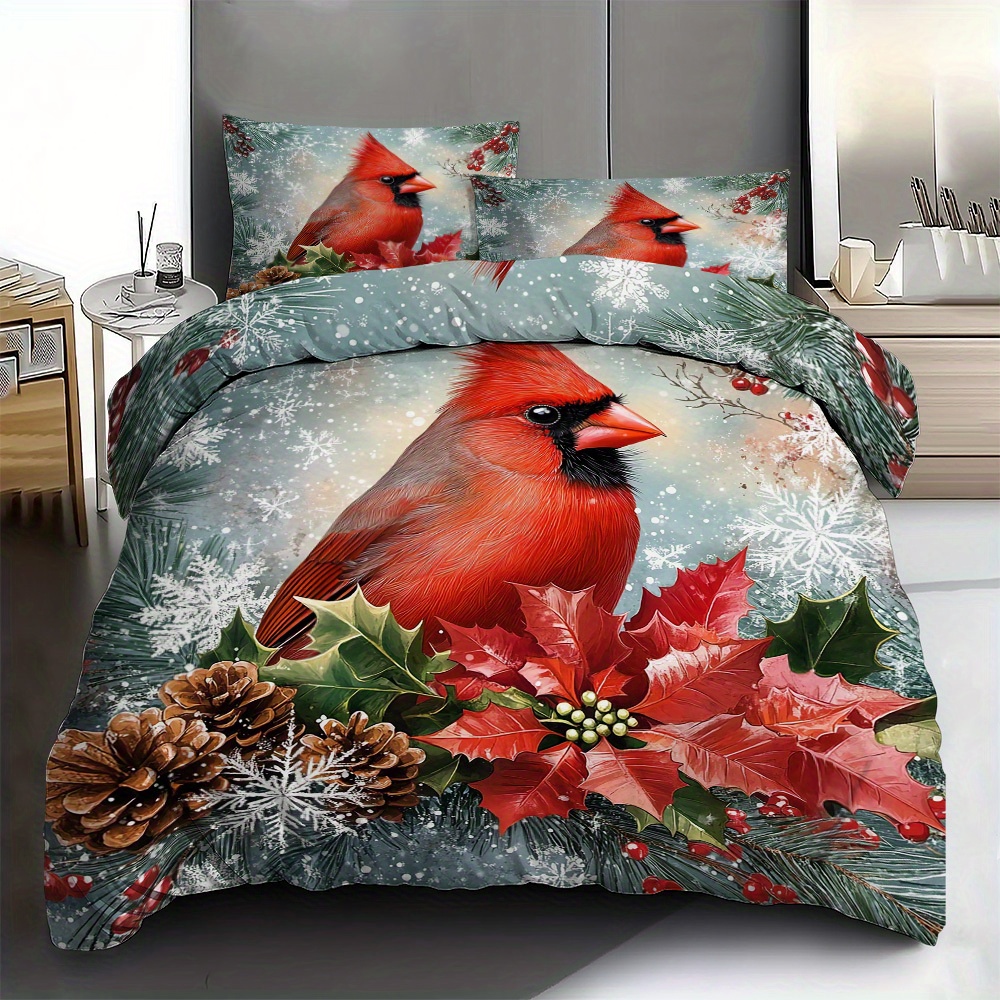 

3pcs Christmas Red & Duvet Cover Set - Polyester, Includes 1 Duvet Cover And 2 Pillowcases, - For Or