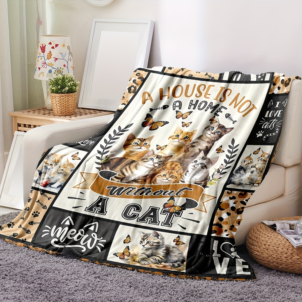 TEMU 1 Pcs Cute Blanket Cat Blanket Cat Memorial Gift Blanket Funny Cat Gift Cat Fan Soft Warm Flannel Comfortable Cover Blanket Suitable For Sofa Bedroom Car Travel Picnic