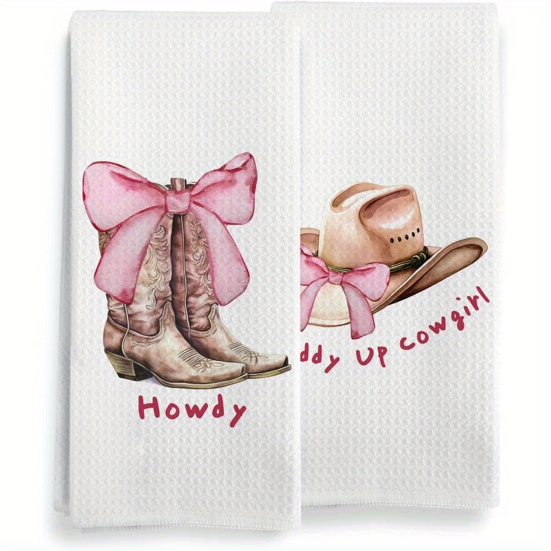 

2-pack 18x26inch Polyester Cartoon Cowgirl Kitchen Towels, & Cowboy Hat Design, Dish Towels, Soft Washable For Decor