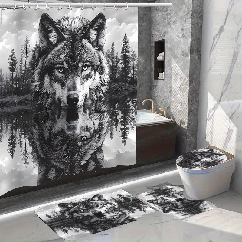 

1pc/4pcs Home Decor Shower Curtain Sets With 12 Hooks, Toilet Seat Cover Bathroom Mat Non-slip Rug Carpet Polyester Fabric Washable Curtain For Bathroom Accessories