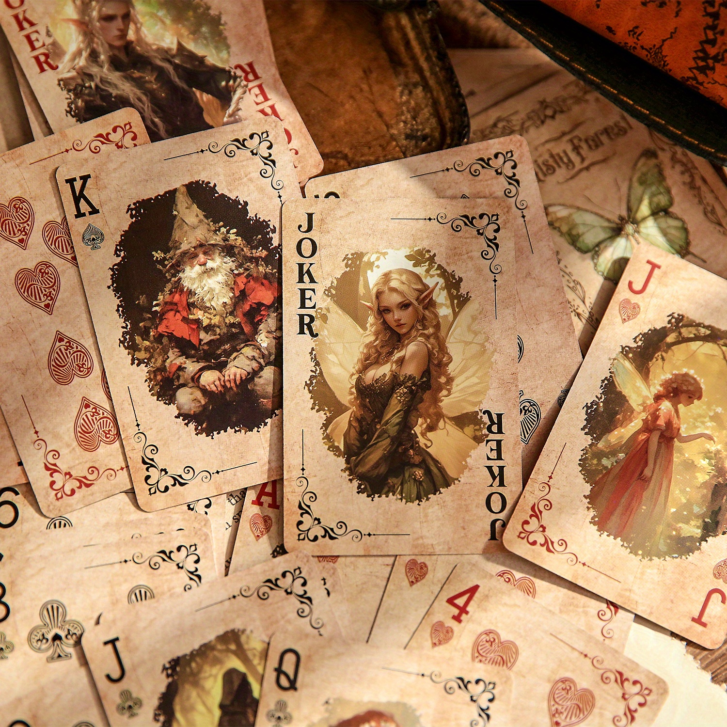 

55pcs Vintage Fantasy Forest Elf & Playing Cards - Rustic Diy Journal & Decor, Whimsical Illustrations With , Queen Of Hearts, And Spades Suit Designs