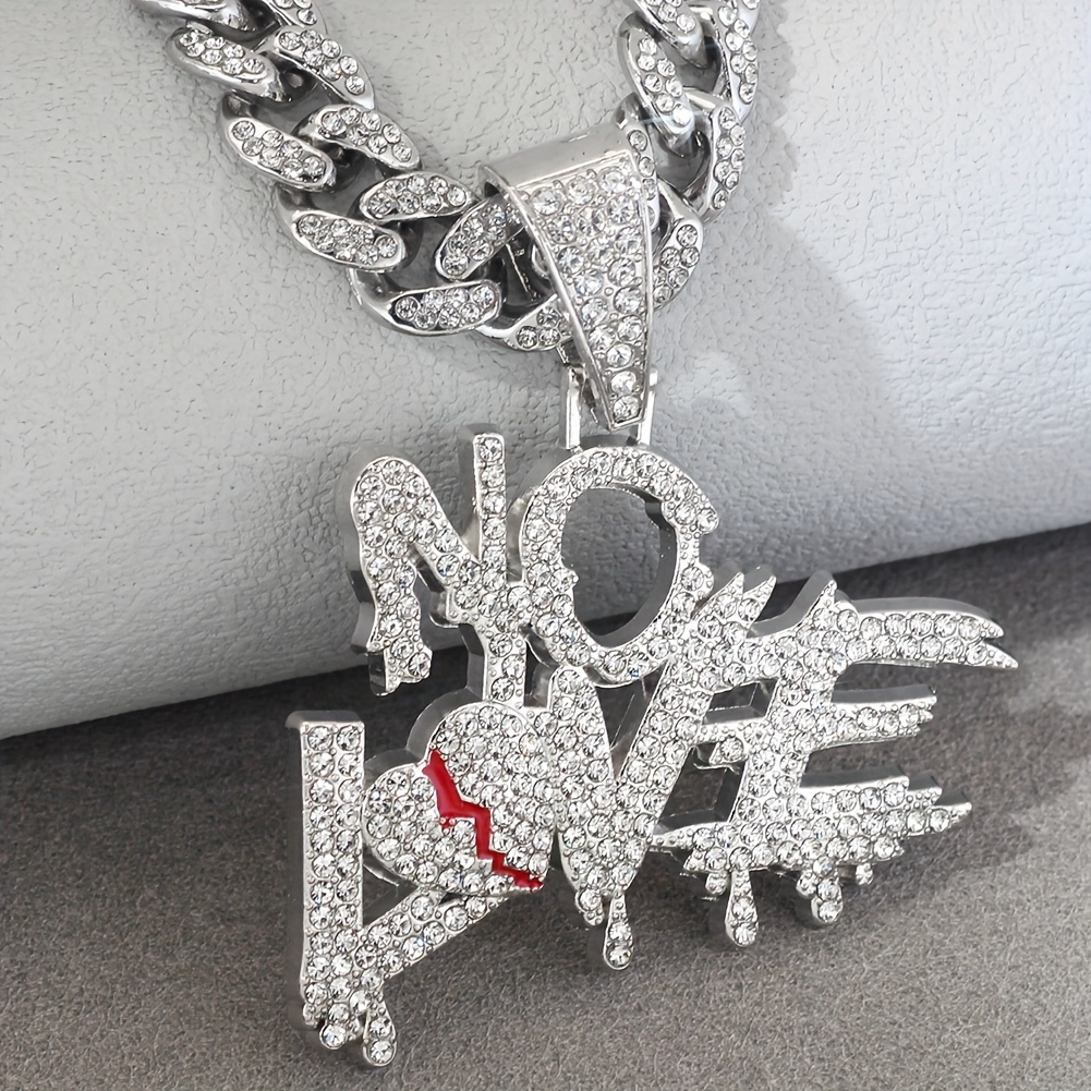 TEMU 1pc Men Cuban Link Chain With "no Love" Pendant Hip Hop Pendant Choker Necklace With Ice Cuban Chain For Men And Women Birthday Gift, Gift,