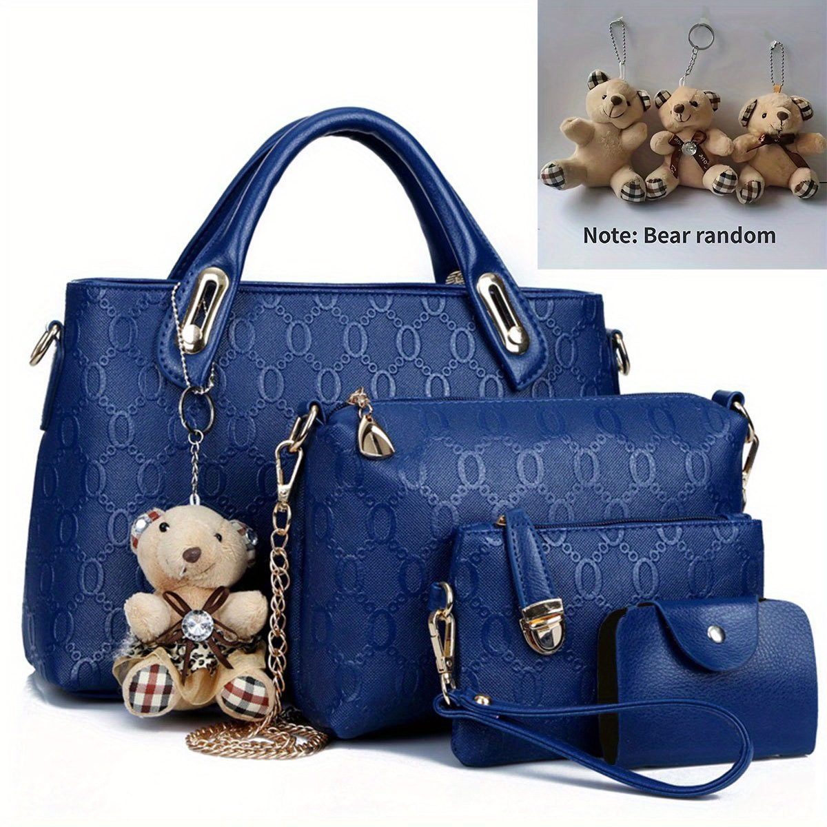 TEMU Chic 4pcs Women' Set: Leather Tote, Shoulder Bag, Clutch & Coin Purse With Bear Charm - Perfect Christmas Gift