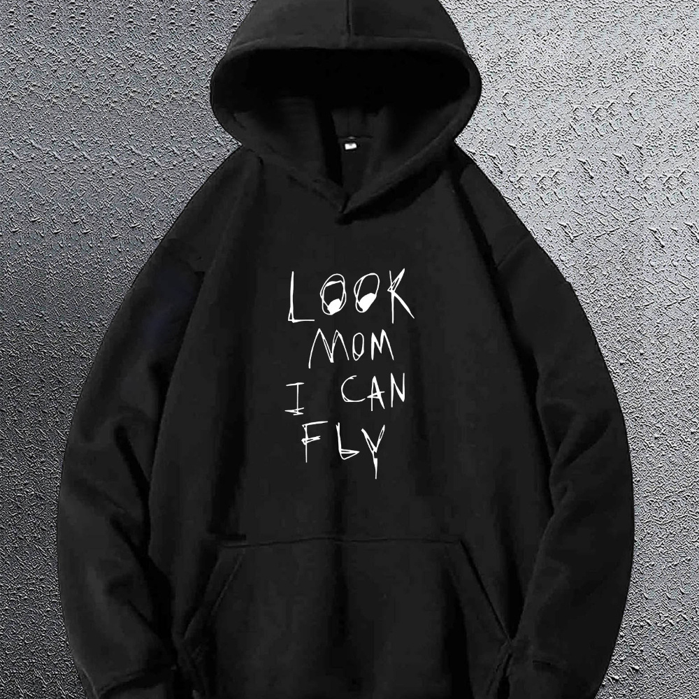 

Men' Trendy Hoodie With "look Mom I Can Fly" Print, Casual Polyester Hooded Sweatshirt With Kangaroo Pocket, Loose-fitting Long Sleeve Hoodie, Unisex-adult Knit Fabric Top