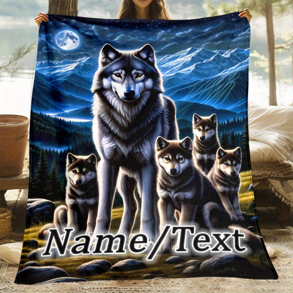 

Customizable Name/text Moonlight Wolf Family Printed Soft Flannel Blanket, Lightweight Polyester Throw For Sofa, Bedroom, Living Room, Airplane, Office, Couch, Chair - Perfect Gift For