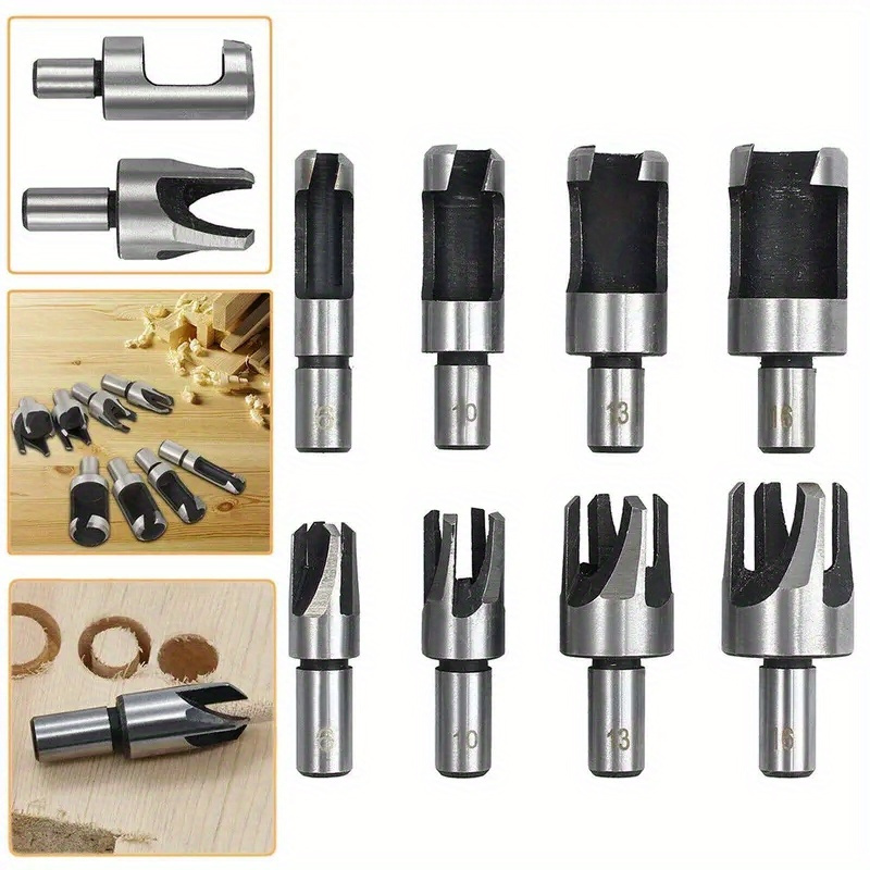 

8-pack High Carbon Steel Wood Hole Plug Cutter Set, Round Shank Drill Bit Knife For Woodworking, Cutting, Fits 6mm 10mm 13mm 16mm (1/4 3/8 1/2 5/8)