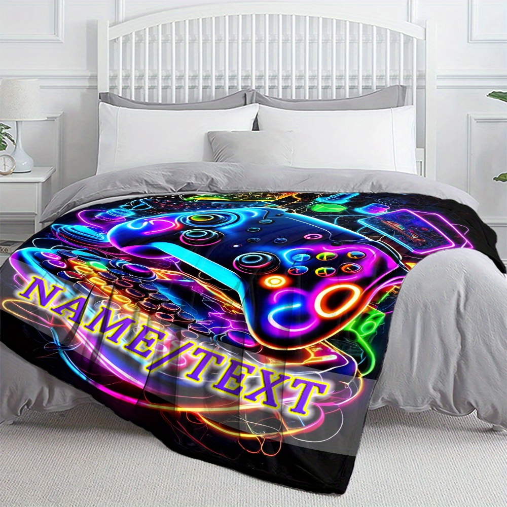 Image of Customizable Gamer's Flannel Blanket With Vibrant Neon Gamepad Design - Soft, Warm & Lightweight | Ideal For Sofa, Bedroom, Office, Camping & Travel | Perfect Personalized Gift For
