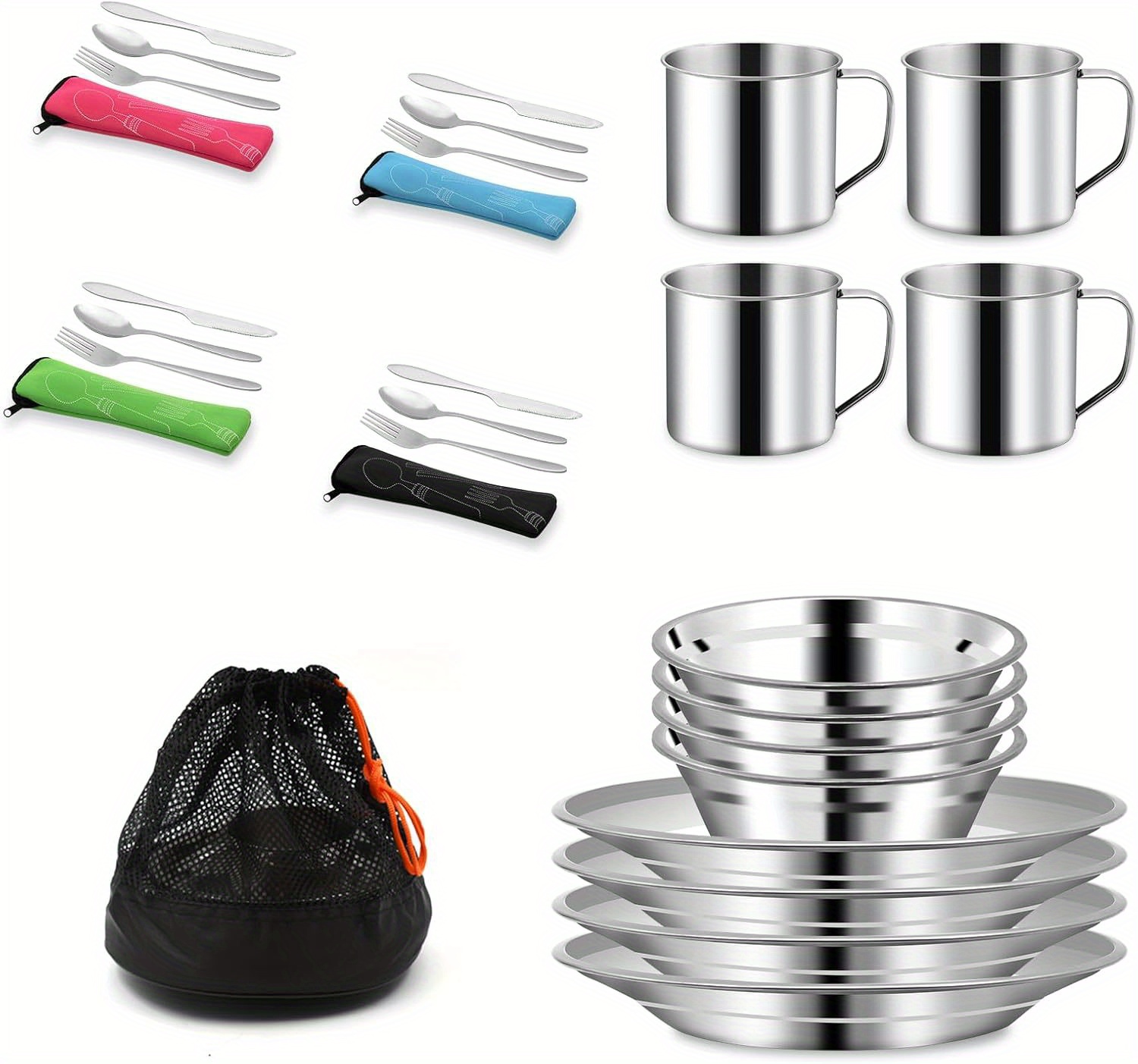 29pcs stainless steel camping kitchenware set 4 person tableware kit with bowls plates cups forks spoons knives portable and   for outdoor use details 1