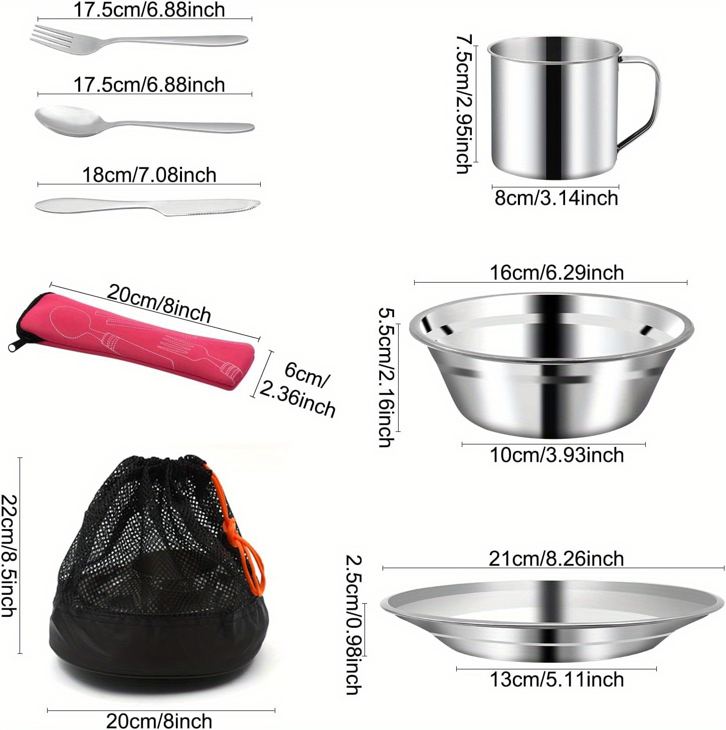 29pcs stainless steel camping kitchenware set 4 person tableware kit with bowls plates cups forks spoons knives portable and   for outdoor use details 2