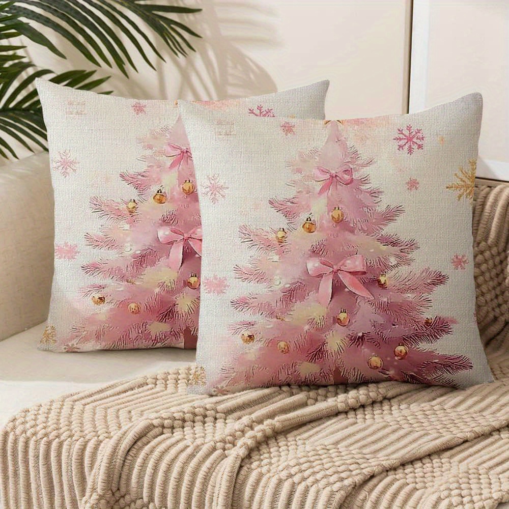 

2-pack Festive Christmas Tree And Snowflakes Pillow Covers, Pink , 18x18 Inch, Short Plush Zippered Polyester Cases For Sofa And Living Room Decor, Machine Washable