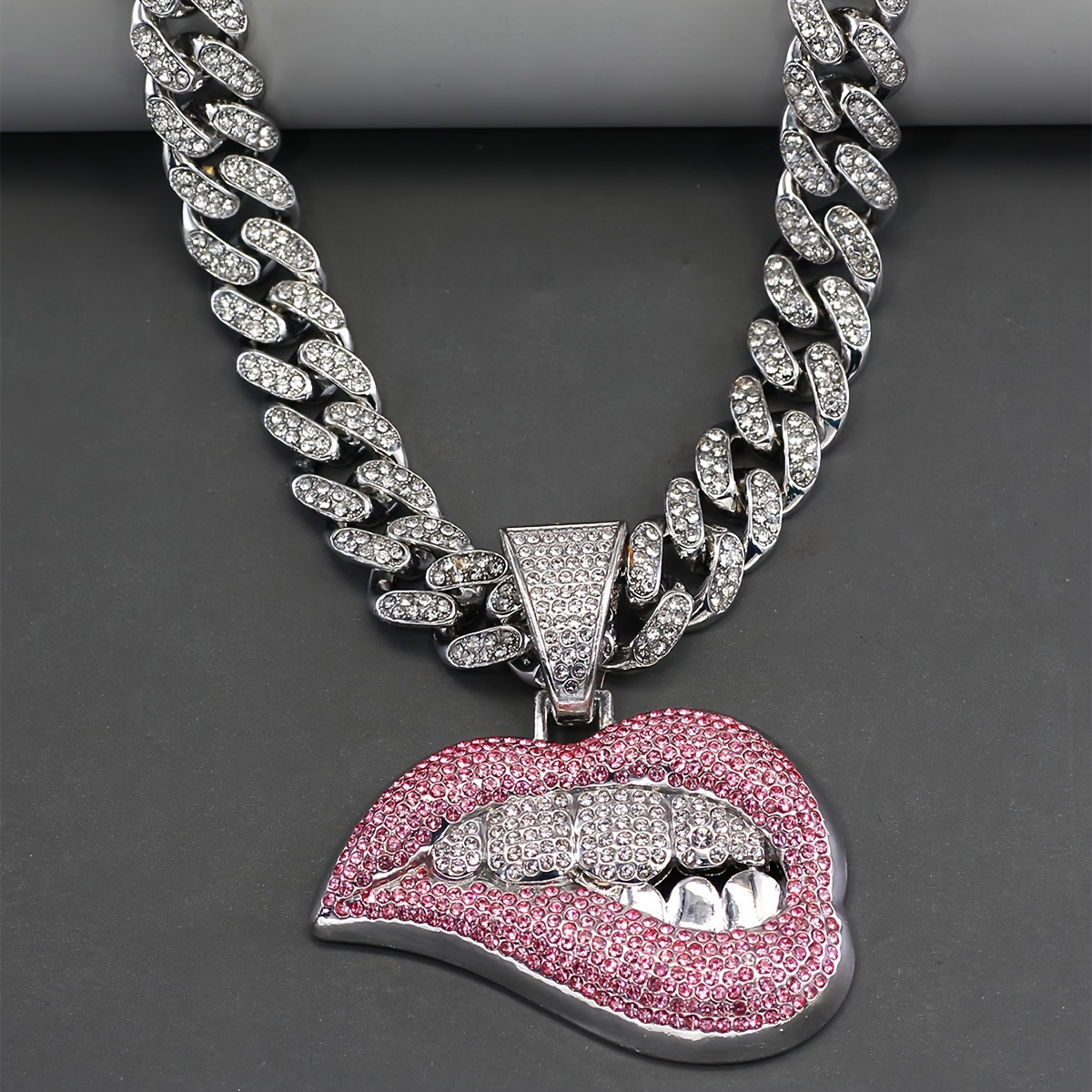 TEMU 1pc Pink Lip Pendant Necklace For Women With Choker Ice Cuban Chain Miami Men's And Women's Hip Hop Cuban Link Chain Necklace For Women Men Jewelry Gift Birthday Gift, Day Gift, Family Gift