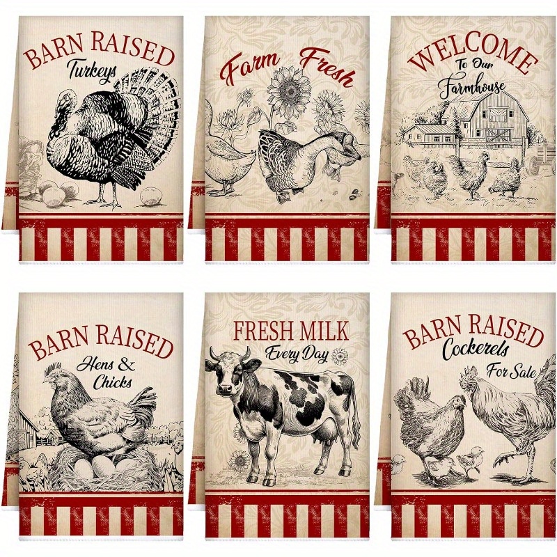 

6-pack Kitchen Towels, Super Polyester, Machine Washable, Cartoon Farm Animal Design, Square Hand Towels For Kitchen Decor, Rooster & Hen Motif, Ideal For Thanksgiving & Christmas