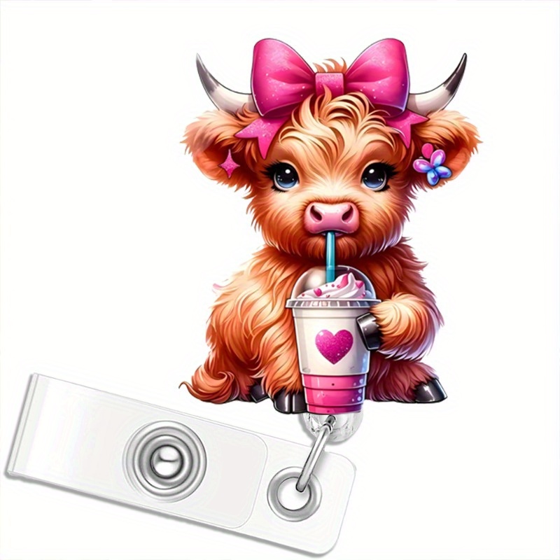 

1pc, Retractable Highland Cow Badge Reel Holder With Id Clip - Name Tag Card Holder For Nursing Students, Nurses, Staff - Gift For Nurses