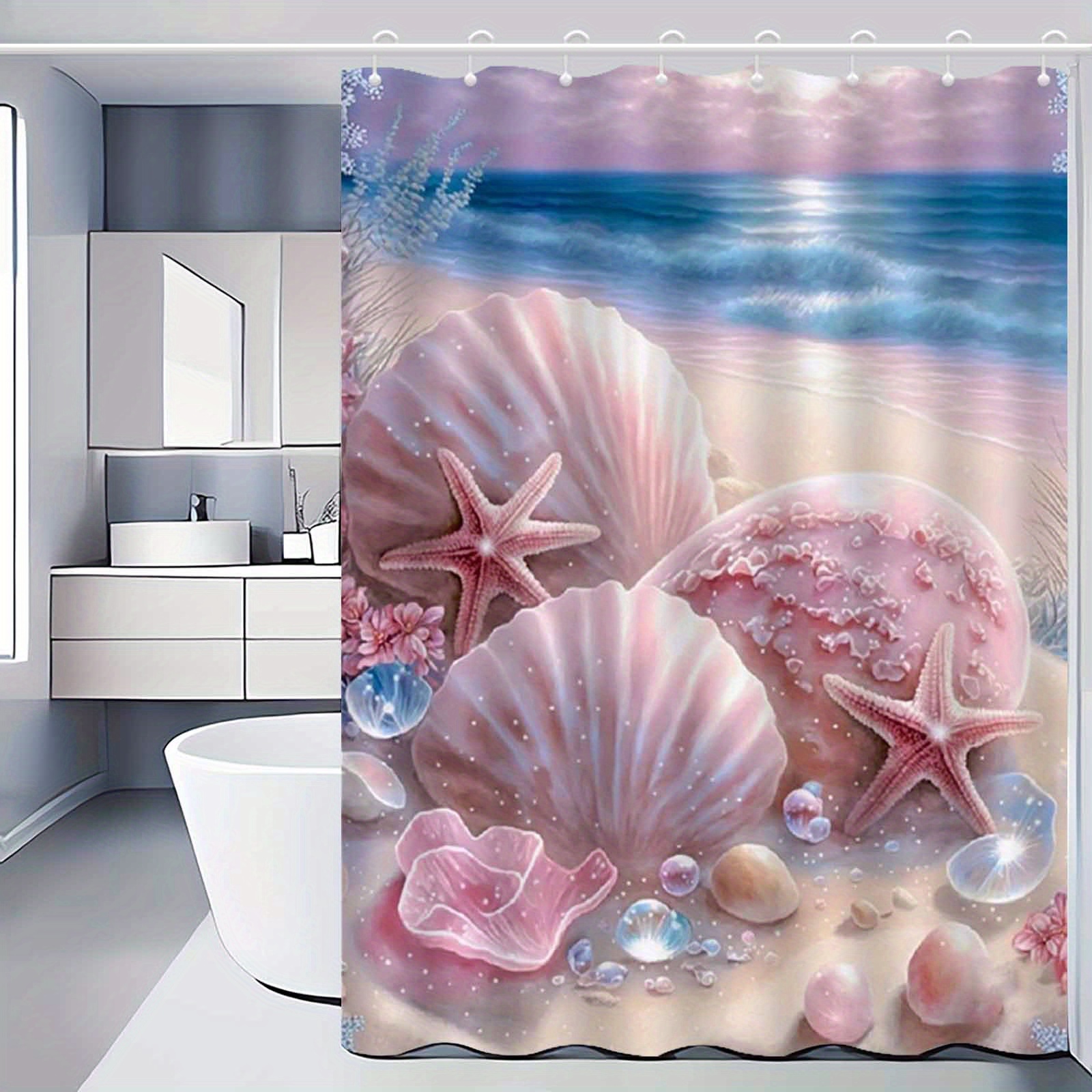 Seestern-Duschvorhang Aus Polyester – Aquarell Design Mit Korallen & Muscheln | 183 X 183 Cm Inkl. Haken