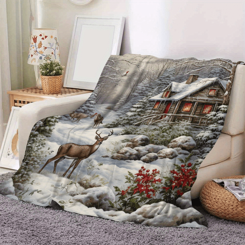 

Cozy Christmas Reindeer & House Flannel Throw Blanket - Soft, Warm, And For Couch, Bed, Office, Or Travel