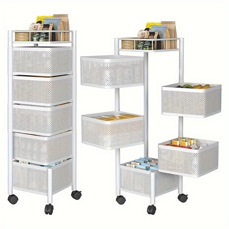 

Space-saving 5-tier Rotating Storage Rack With Wheels - Adjustable Metal Baskets For Kitchen, Bathroom & Office Organization, Polished White