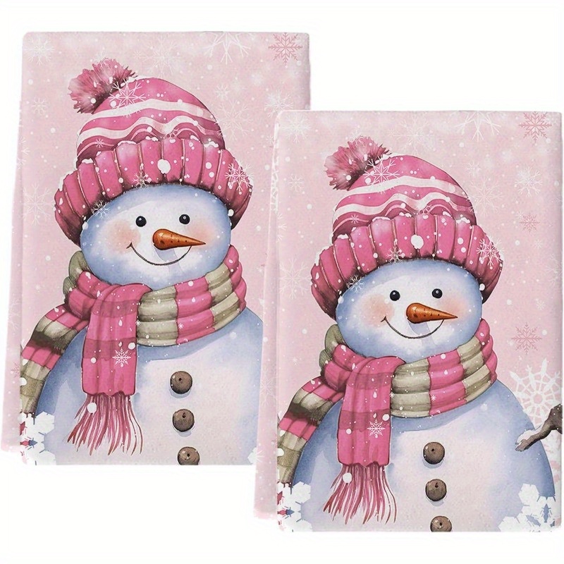 

2pcs Pink Snowman & White Kitchen Towels - , Quick-dry Polyester Dish Cloths For Home Decor, Machine Washable, Christmas Kitchen Towels, Best For Christmas