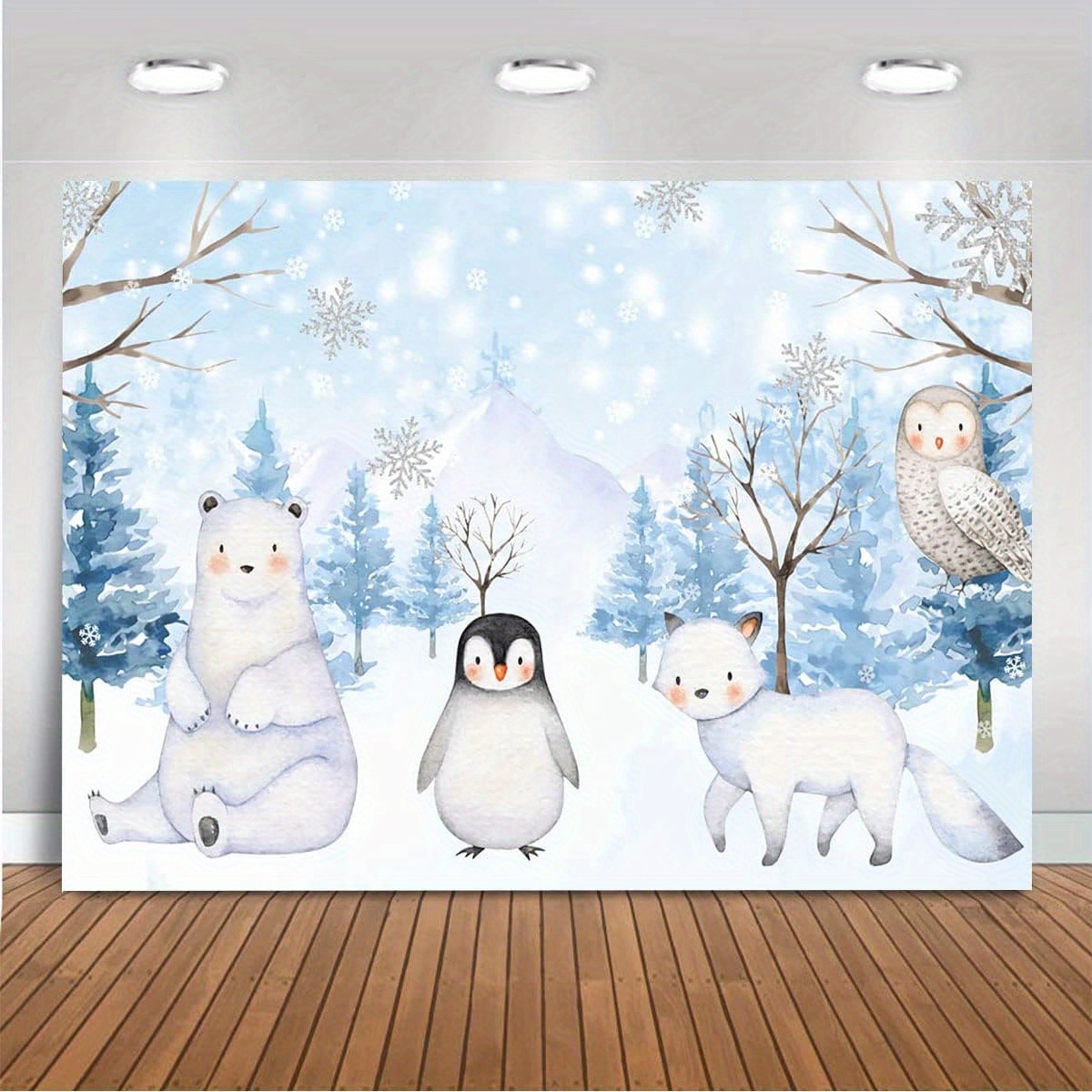 

1pc Winter Polyester Backdrop, Modern Design, Decorative Banner For Indoor And Outdoor Festivals, 70.9x43.3 Inches, Polar Bear Penguin Fox Owl Print