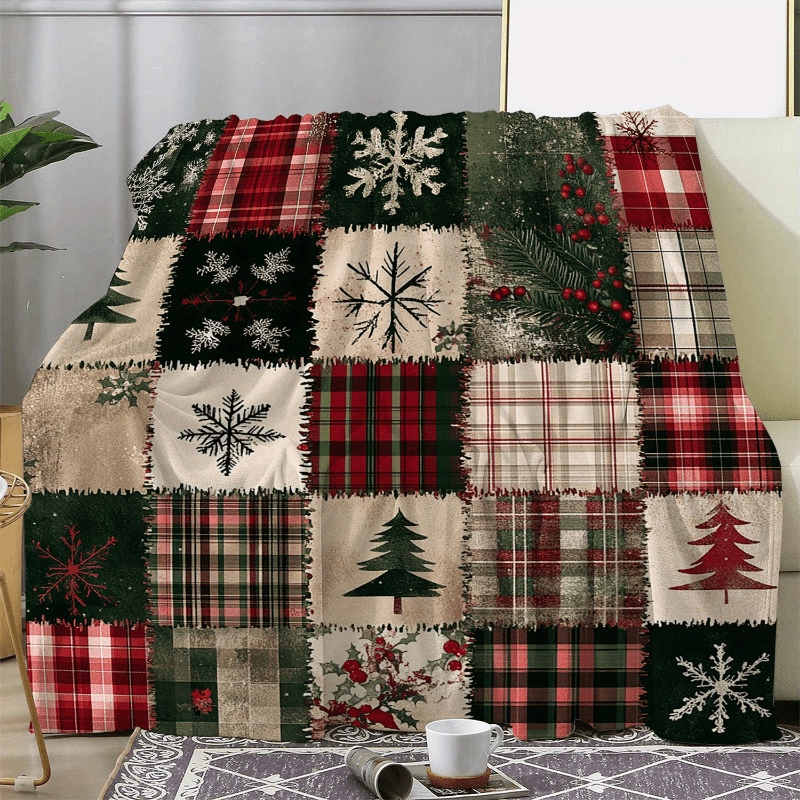 

Christmas Patchwork Blanket - Knitted Polyester Blanket , Red , And Christmas - Blanket For Sofa, Bed, Car, , Camping, -