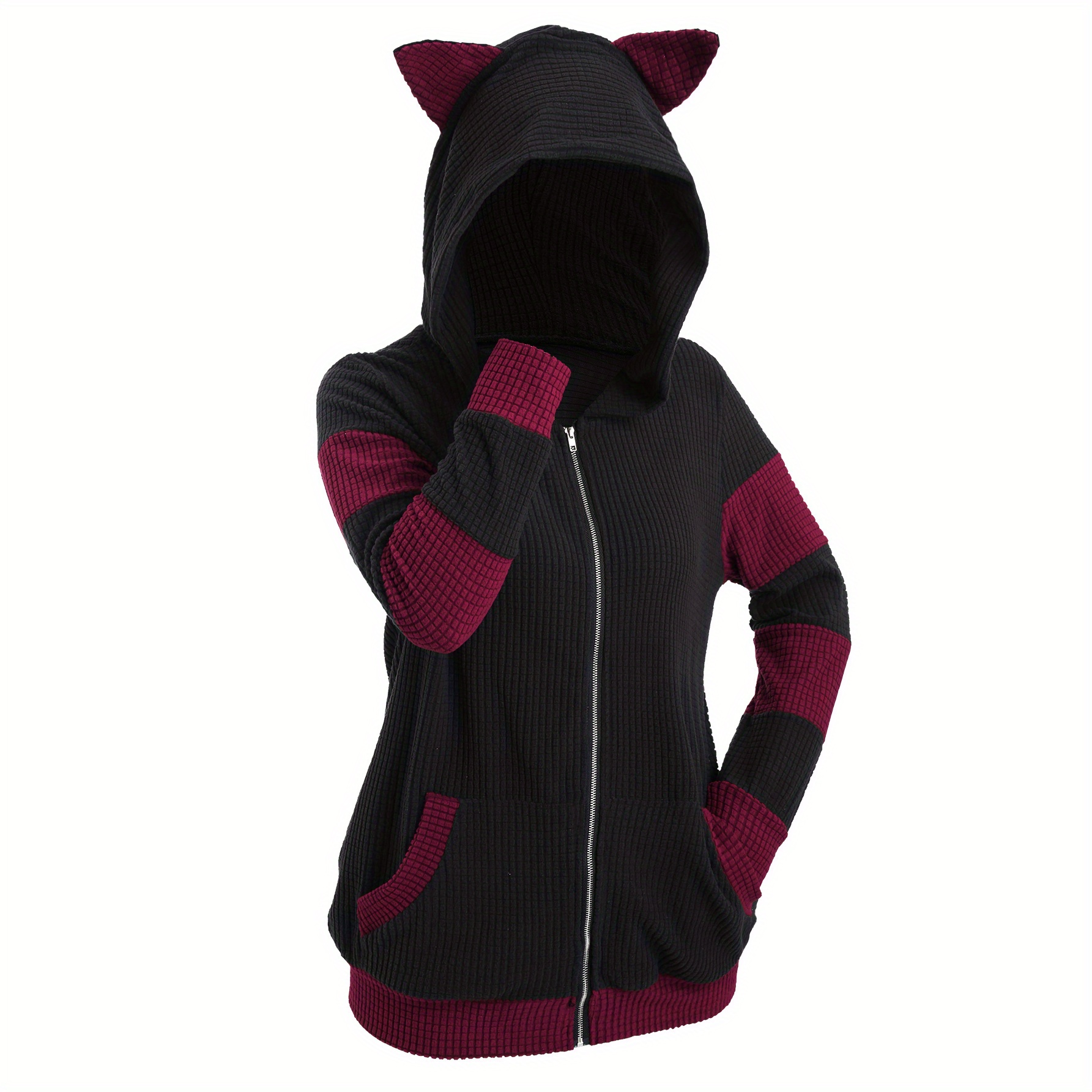 

Women' Hoodie With Cat Ears - Polyester Long Sleeve Zippered Hooded Sweatshirt Jacket For All - Cute Solid Color Outerwear With Hood