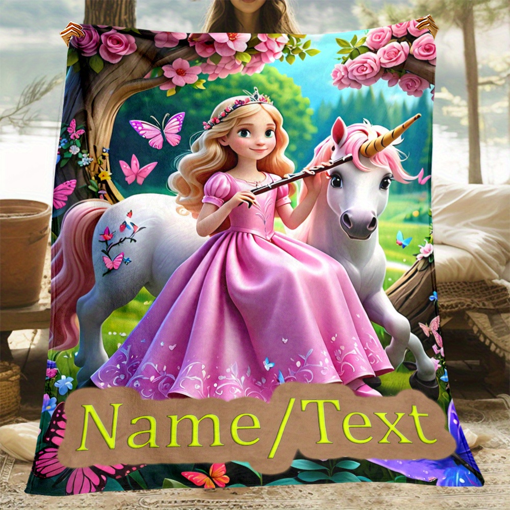 

Custom Princess & Unicorn Soft Flannel Throw Blanket - Personalized Name, Lightweight & Warm For Sofa, Office Chair, Camping, Travel | Polyester, No Batteries Required