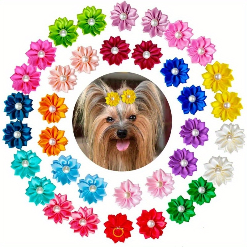 TEMU 80pcs Of Dog Flower Bows, Bulk Small Pet Hair Bows With Rubber Bands, Assorted Handmade Tiny Grooming Bows, Bows For Puppy Yorkie Hair