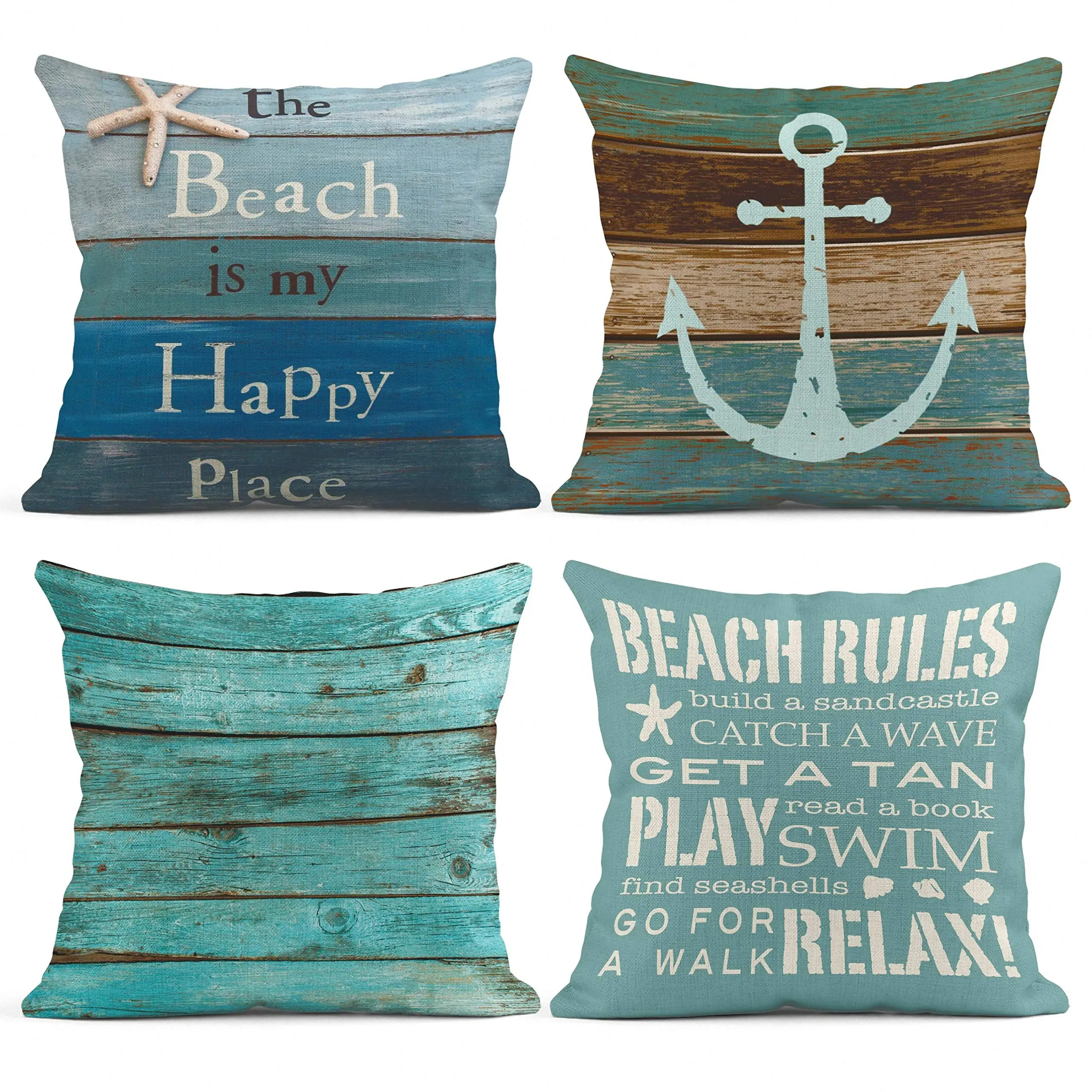 

4- Set, Wood Anchor Linen Pillowcases, Pattern, Zippered Sofa Cushion , , For Multiple